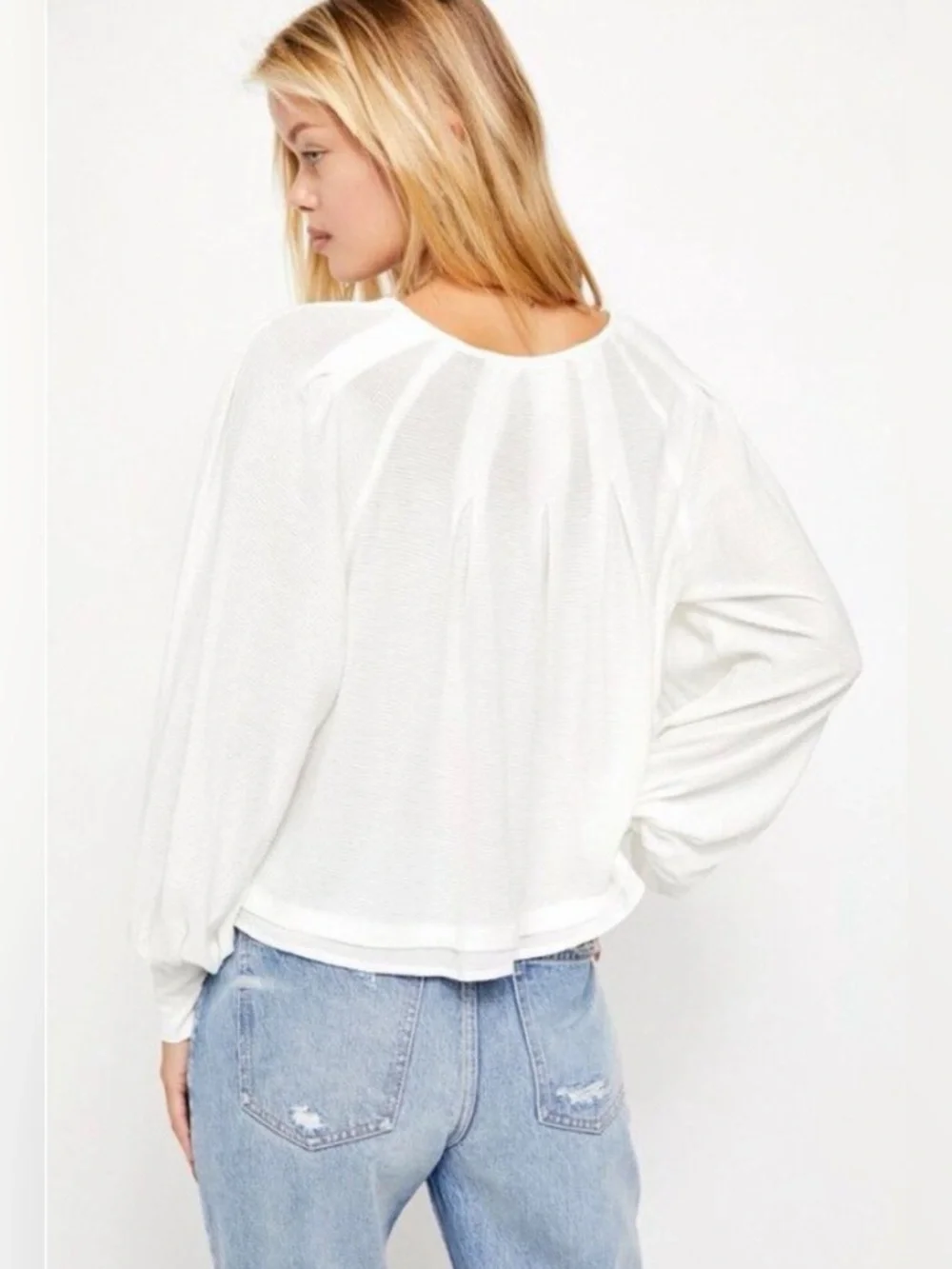 FREE PEOPLE Billie White Puff Sleeve Ribbed Pleated‎ Top S